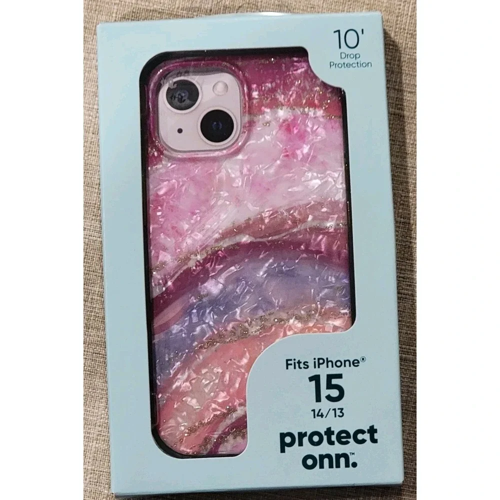Onn iPhone 15 Phone Case Pink Purple Quartz Swirl Gold Glitter Stocking Stuffer